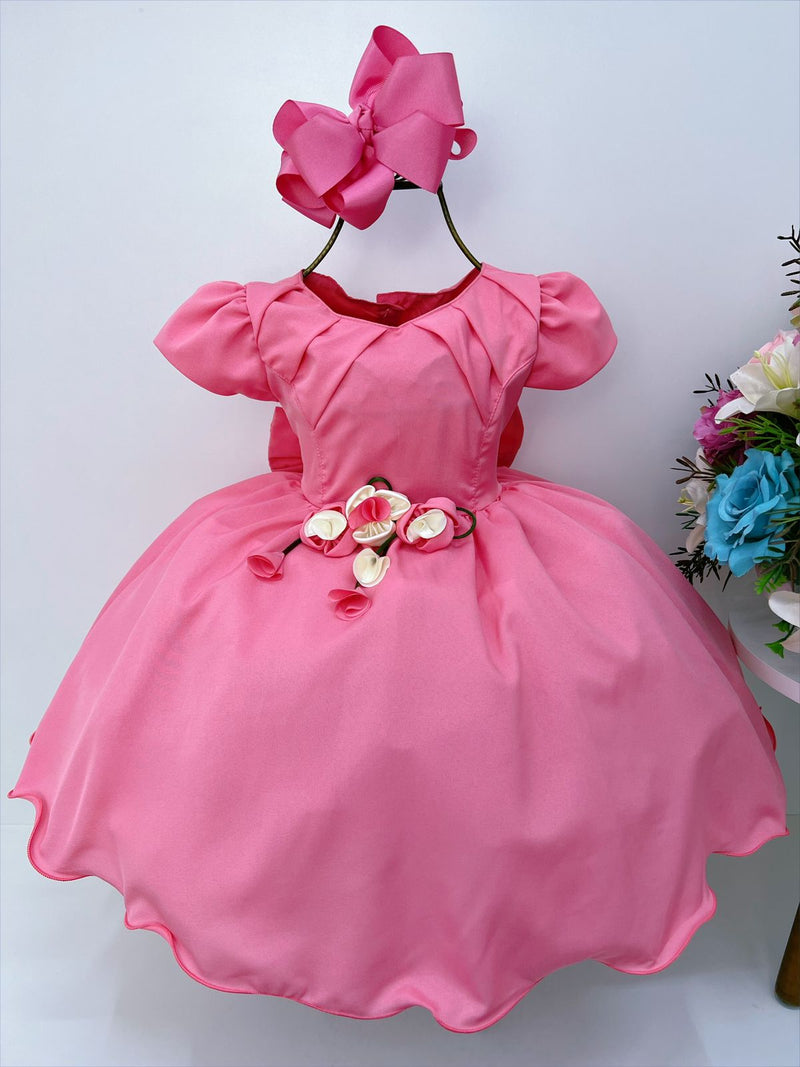 Vestido Infantil Goiaba com Broche de Flores Luxo