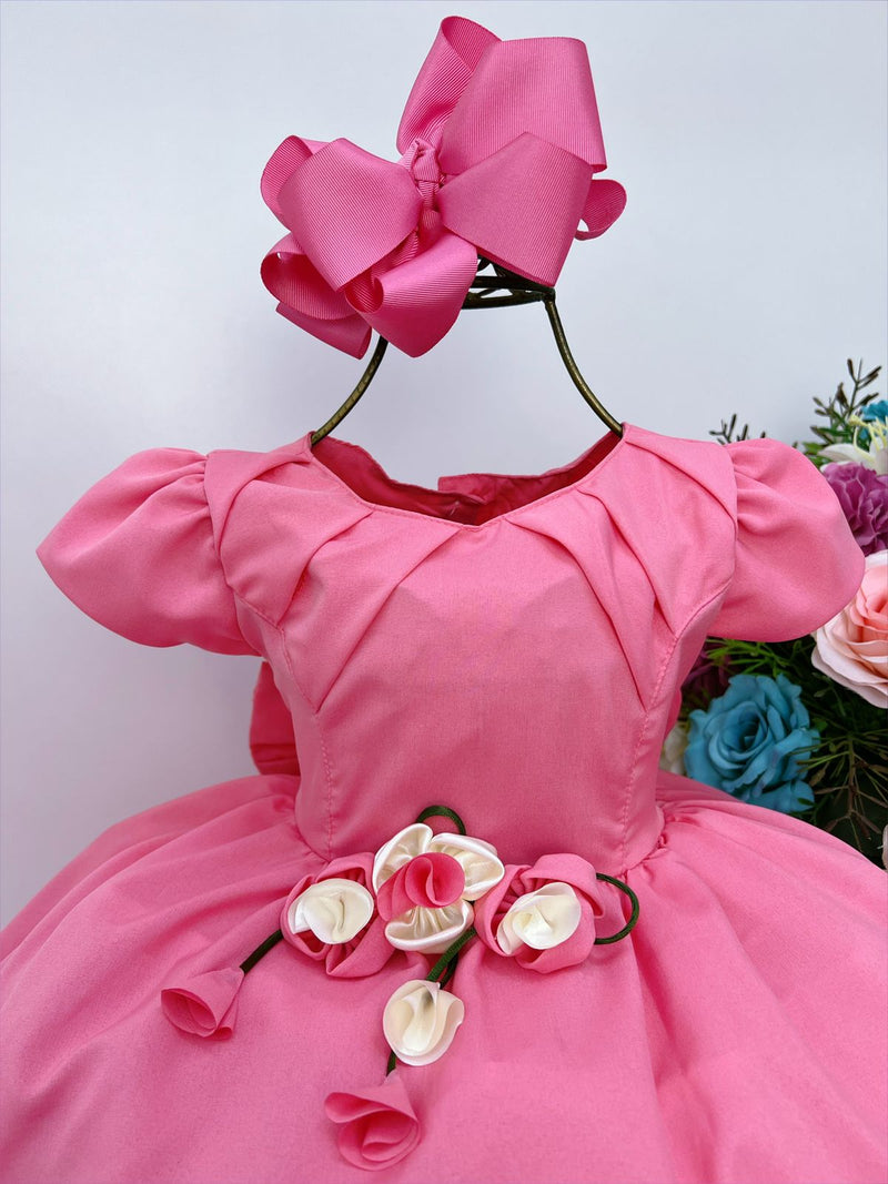 Vestido Infantil Goiaba com Broche de Flores Luxo