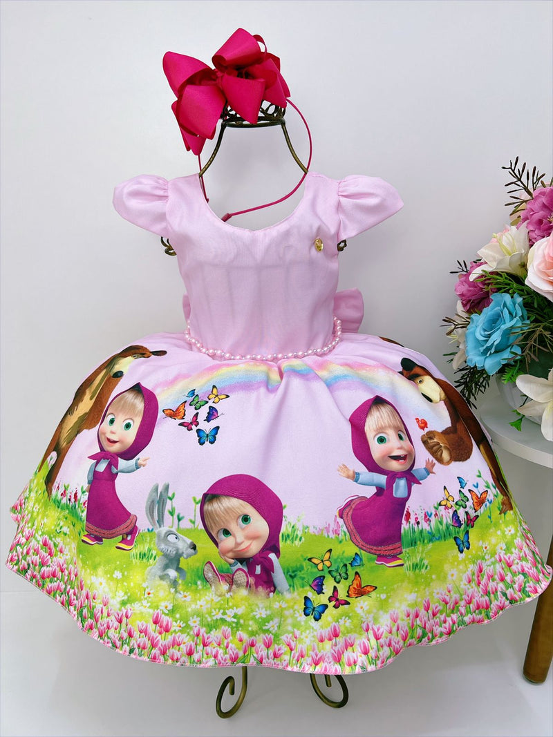 Vestido Infantil Masha e o Urso Rosa Borboletas Luxo (3104RO)