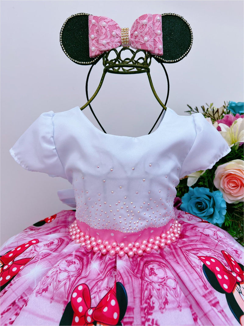 Vestido Infantil Minnie Rosa Floral Poá Peito Branco Strass (0156RS)