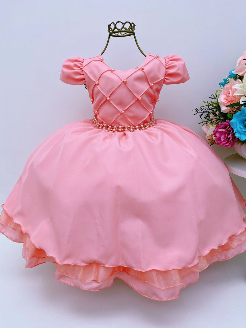 Vestido Infantil Goiaba Cinto de Pérolas Casamento Luxo