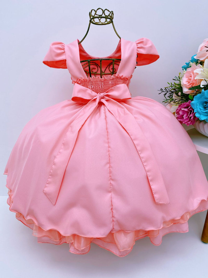 Vestido Infantil Goiaba Cinto de Pérolas Casamento Luxo