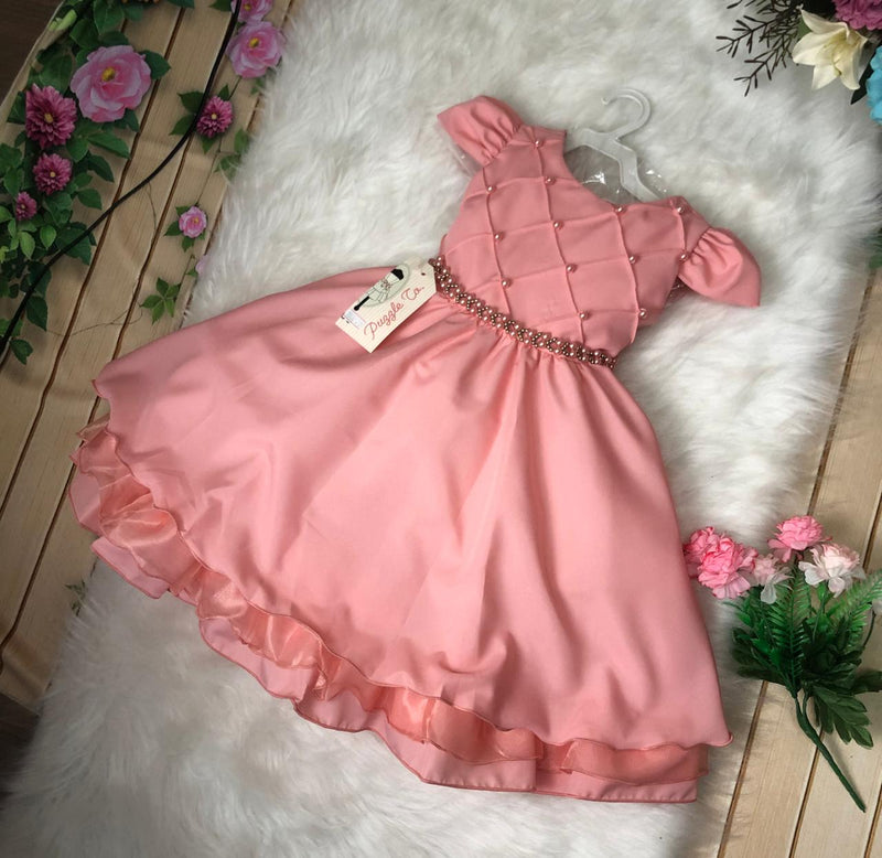 Vestido Infantil Goiaba Cinto de Pérolas Casamento Luxo