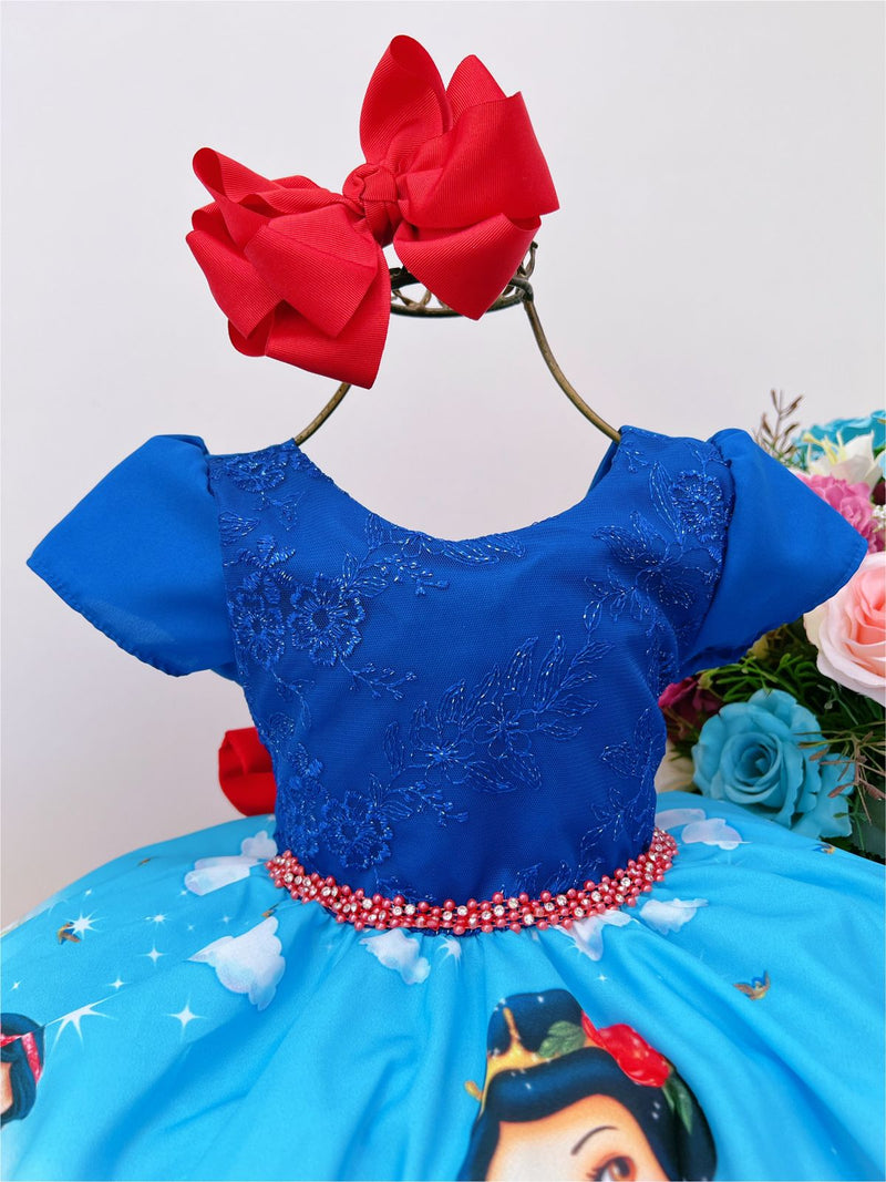 Vestido Infantil Branca de Neve Azul C/ Renda e Cinto Strass