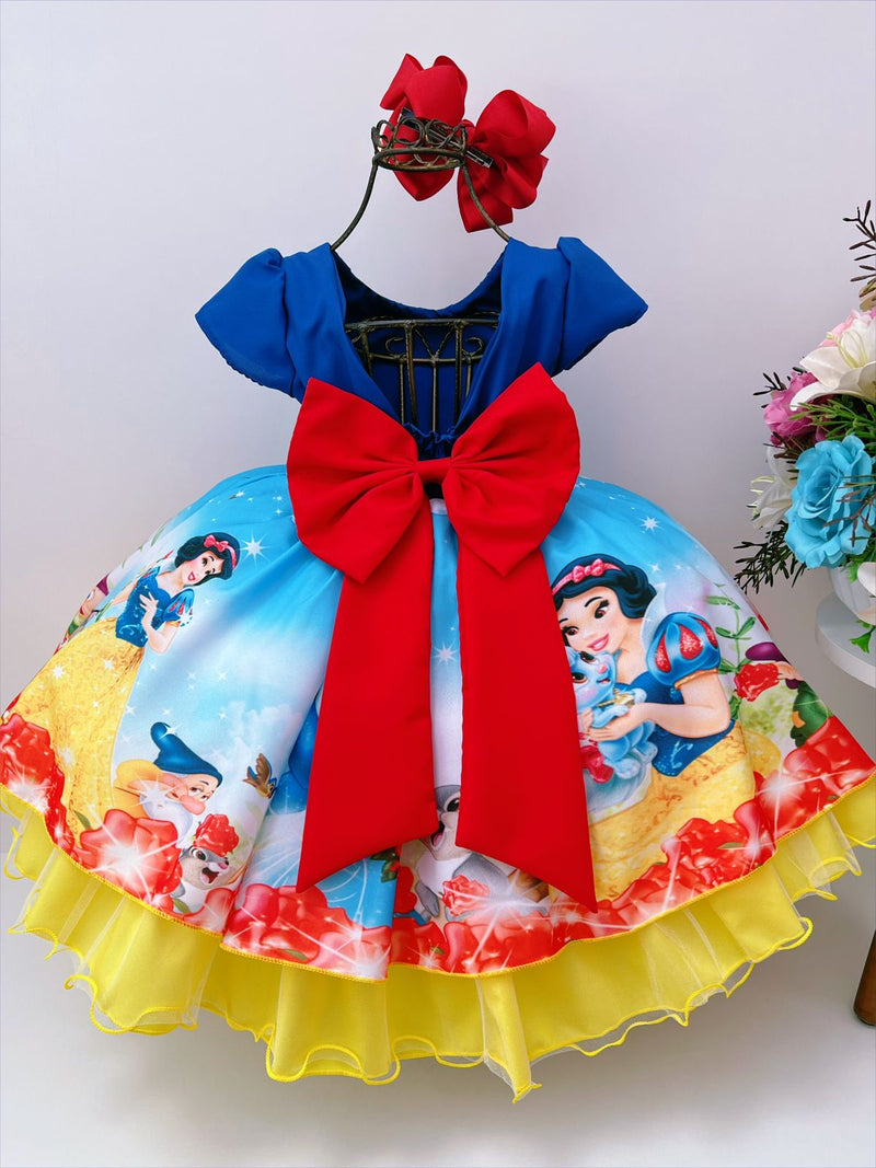 Vestido Infantil Branca de Neve Azul C/ Renda e Cinto Strass