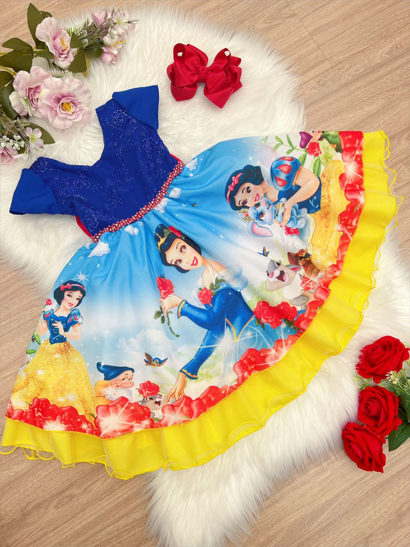 Vestido Infantil Branca de Neve Azul C/ Renda e Cinto Strass