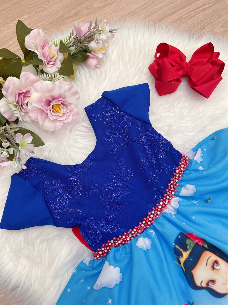 Vestido Infantil Branca de Neve Azul C/ Renda e Cinto Strass