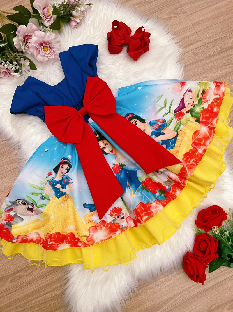 Vestido Infantil Branca de Neve Azul C/ Renda e Cinto Strass