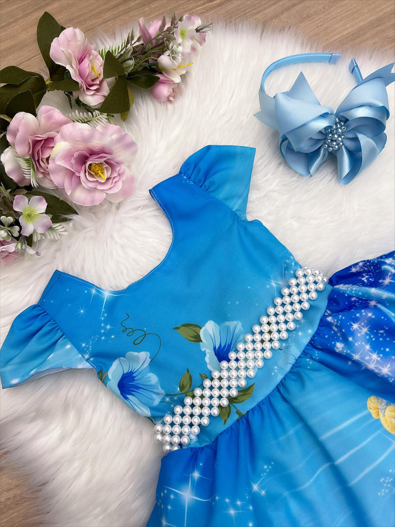 Vestido Infantil Cinderela Azul Cinto Pérolas Luxo Princesas