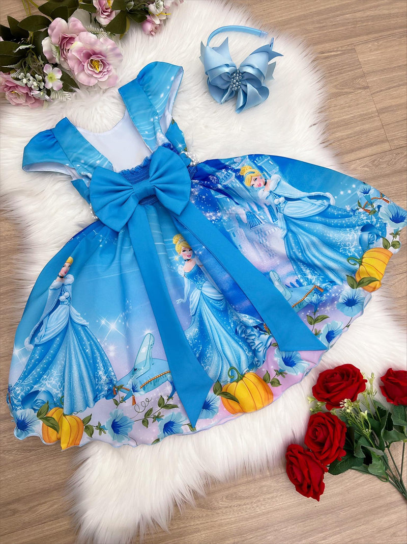 Vestido Infantil Cinderela Azul Cinto Pérolas Luxo Princesas