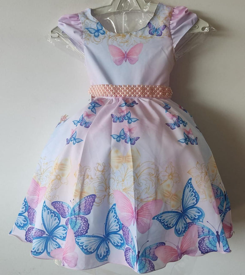 Vestido Infantil Rosa Jardim das Borboletas e Pérolas Cinto (0724RO)