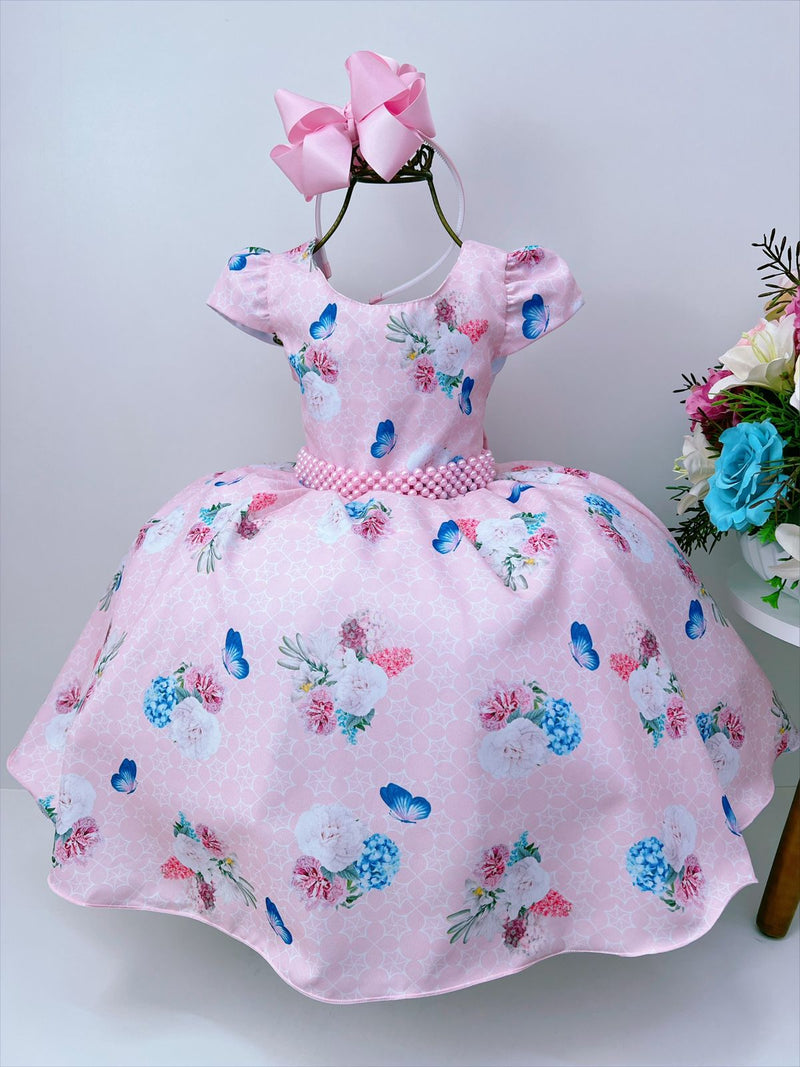 Vestido Infantil Rosa Jardim das Borboletas e Pérolas Cinto (0724RO)