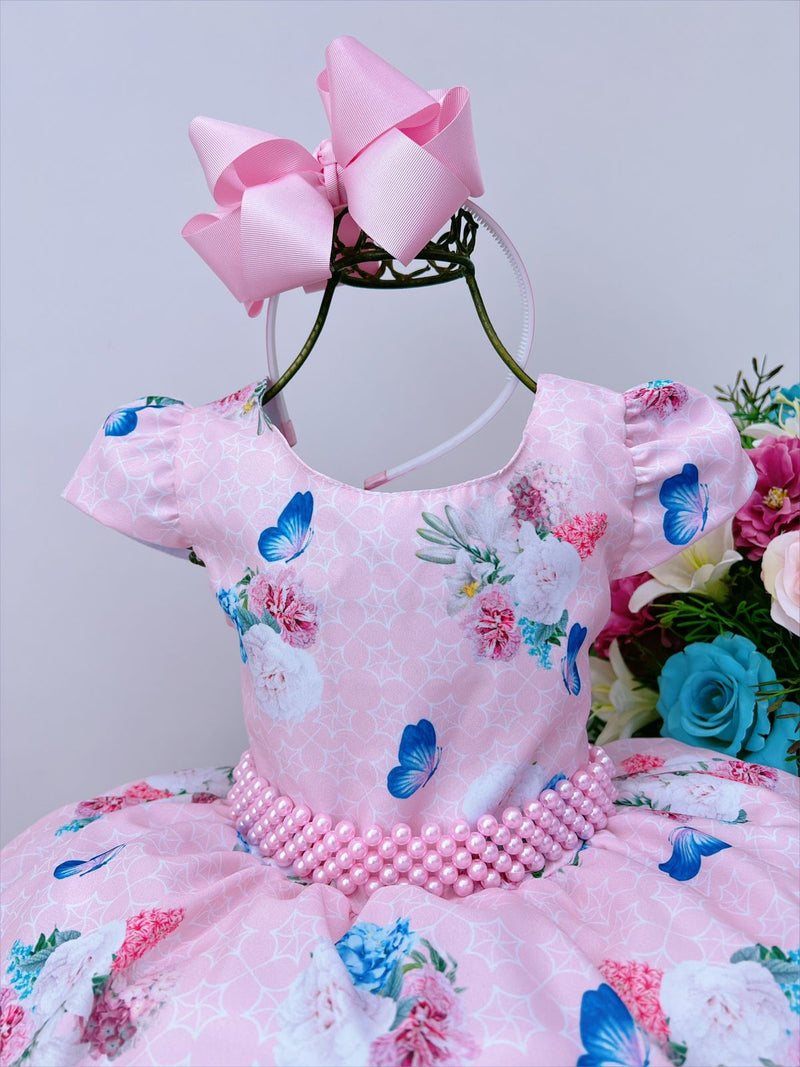 Vestido Infantil Rosa Jardim das Borboletas e Pérolas Cinto (0724RO)