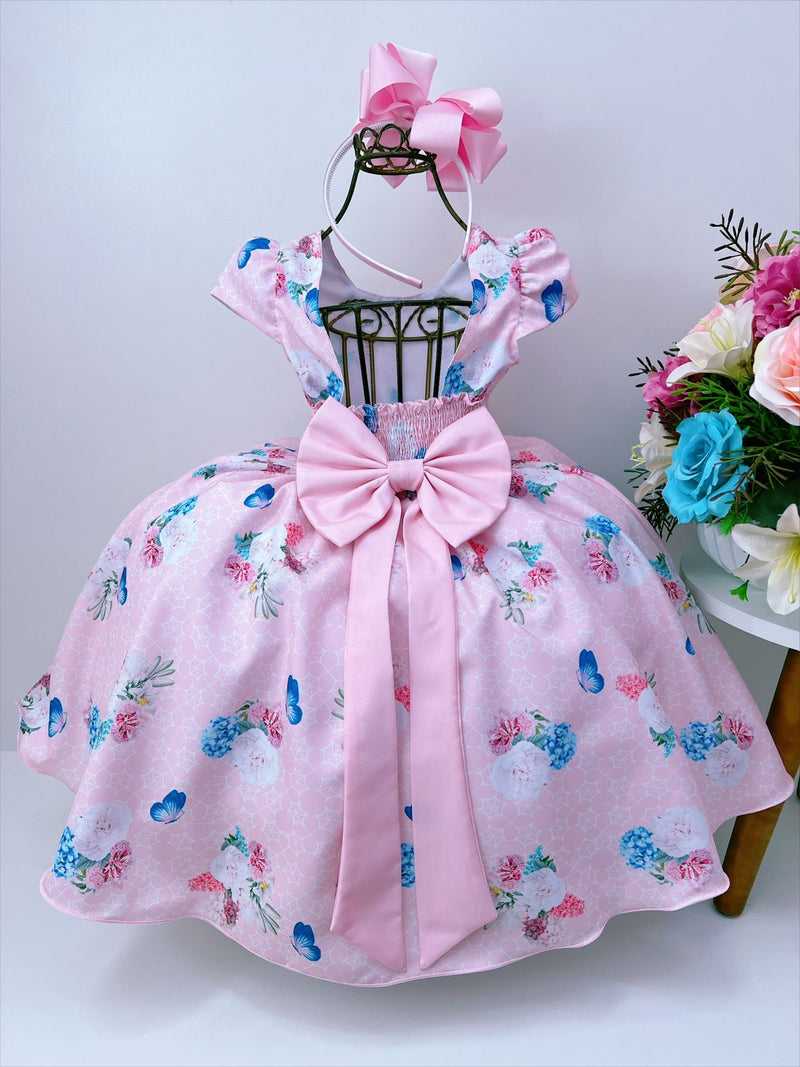 Vestido Infantil Rosa Jardim das Borboletas e Pérolas Cinto (0724RO)