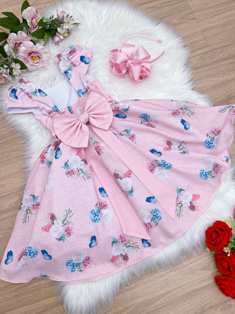 Vestido Infantil Rosa Jardim das Borboletas e Pérolas Cinto (0724RO)