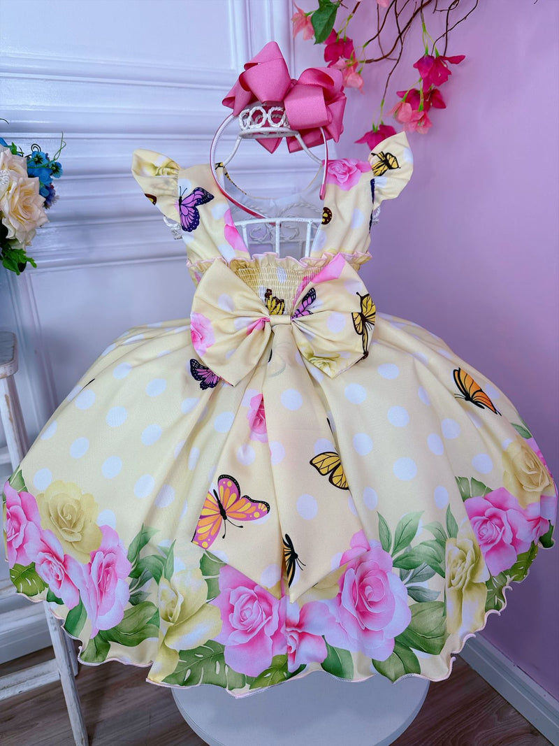 Vestido Infantil Amarelo Jardim das Borboletas Cinto Pérolas