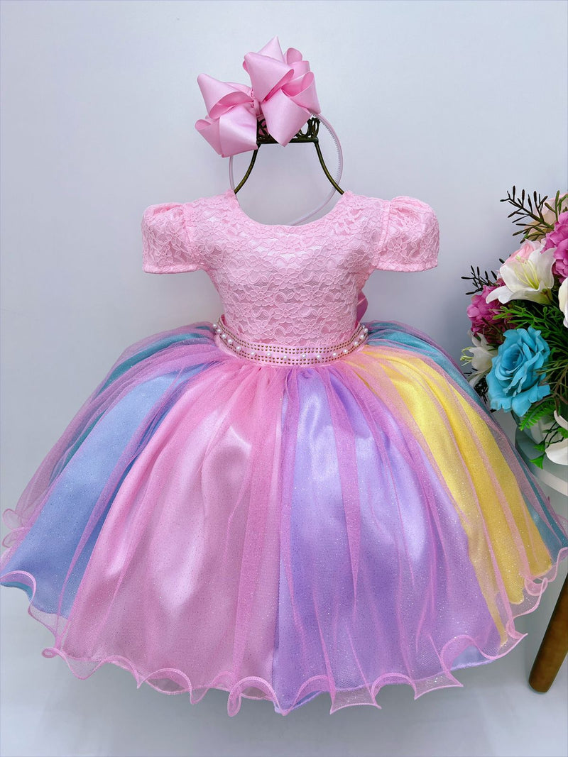 Vestido Infantil Unicórnio Chuva de Amor Arco Iris Festa