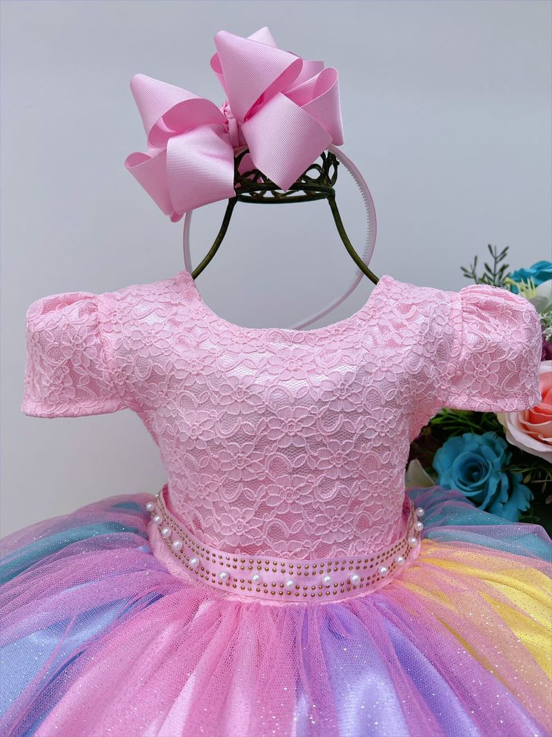 Vestido Infantil Unicórnio Chuva de Amor Arco Iris Festa