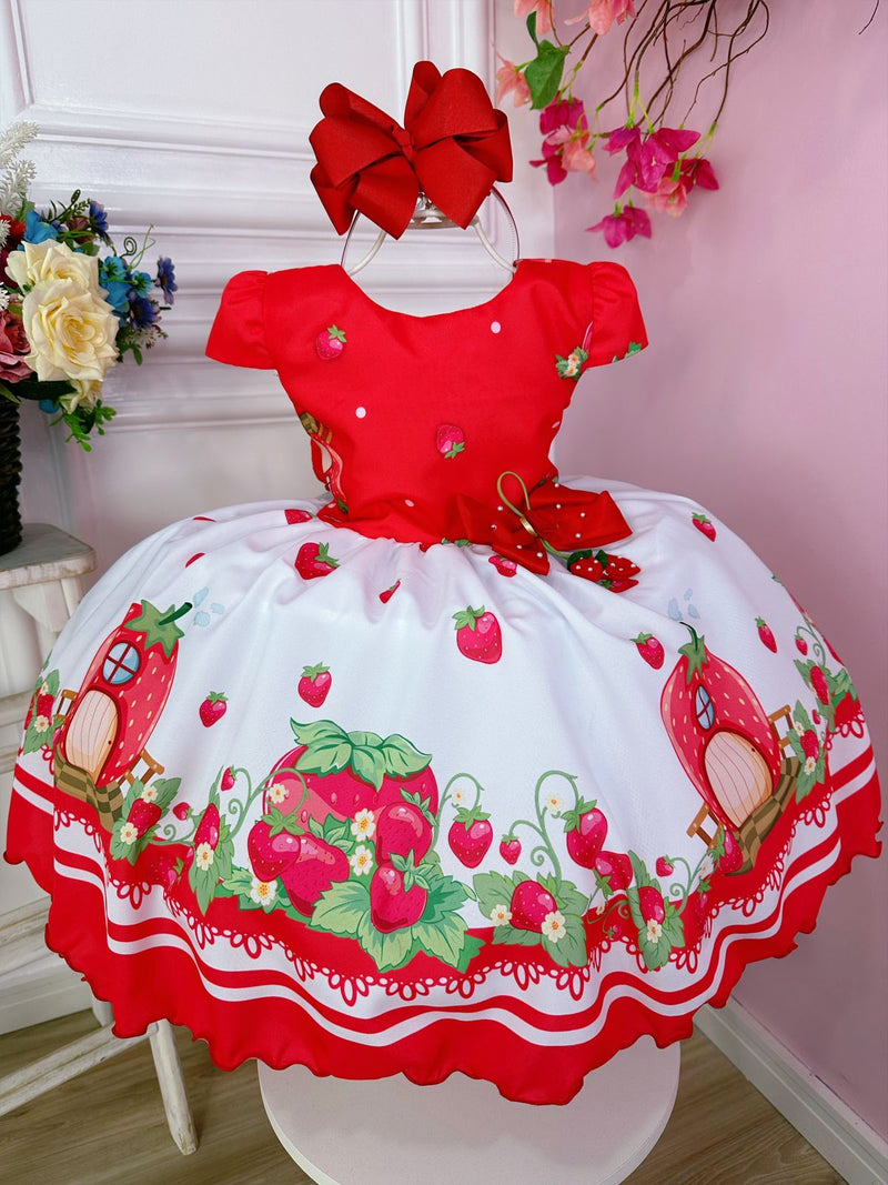 Vestido Infantil Moranguinho Vermelho Luxo Festas C/ Broche