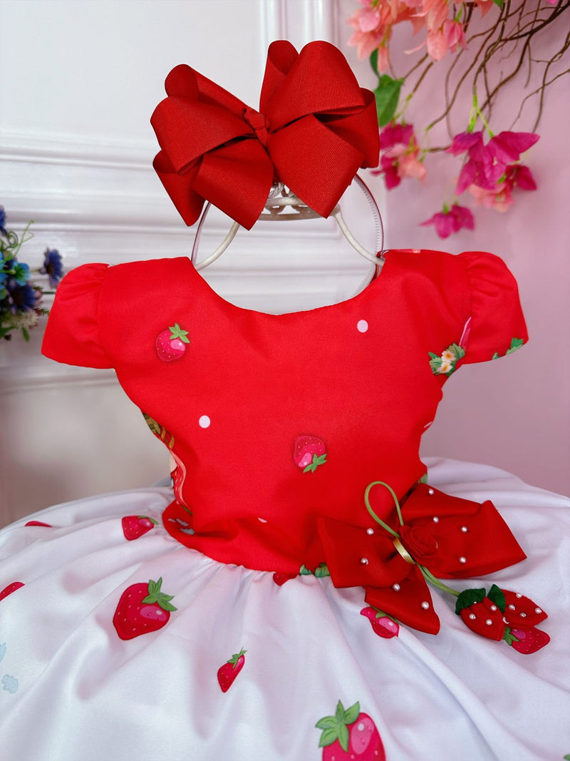 Vestido Infantil Moranguinho Vermelho Luxo Festas C/ Broche