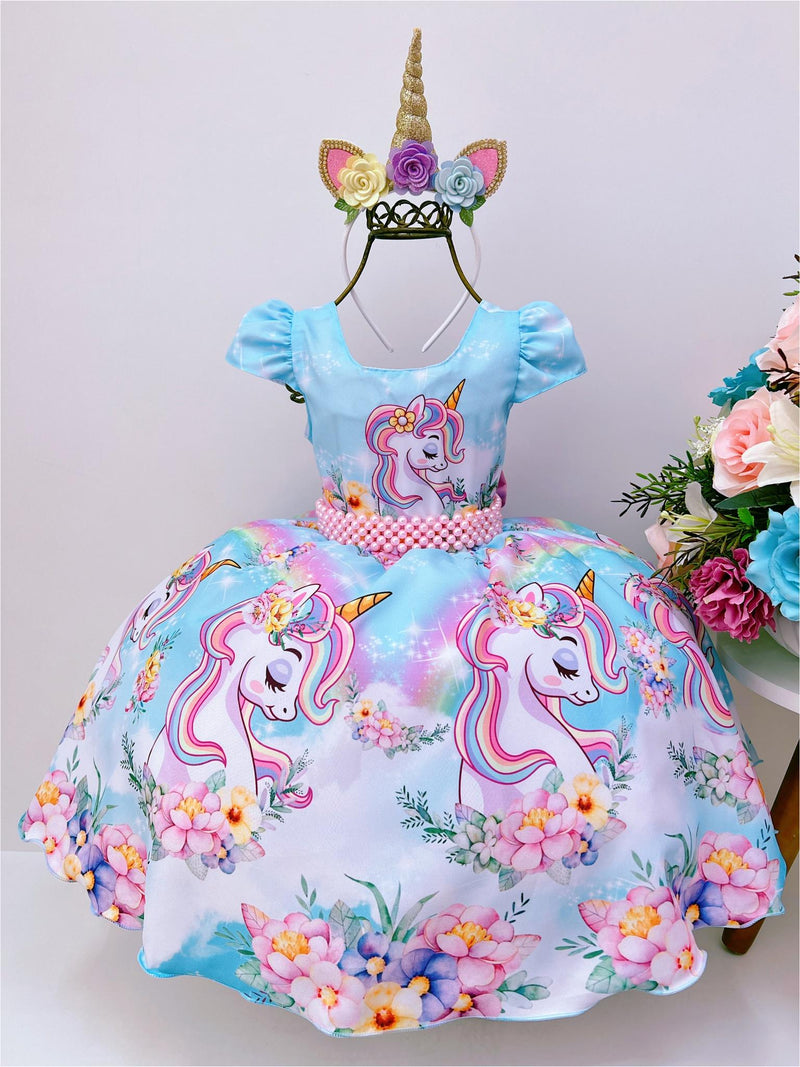 Vestido Infantil Unicórnio Arco Iris Cinto de Pérolas Luxo