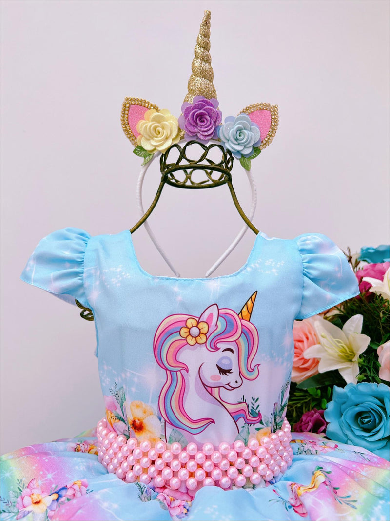 Vestido Infantil Unicórnio Arco Iris Cinto de Pérolas Luxo