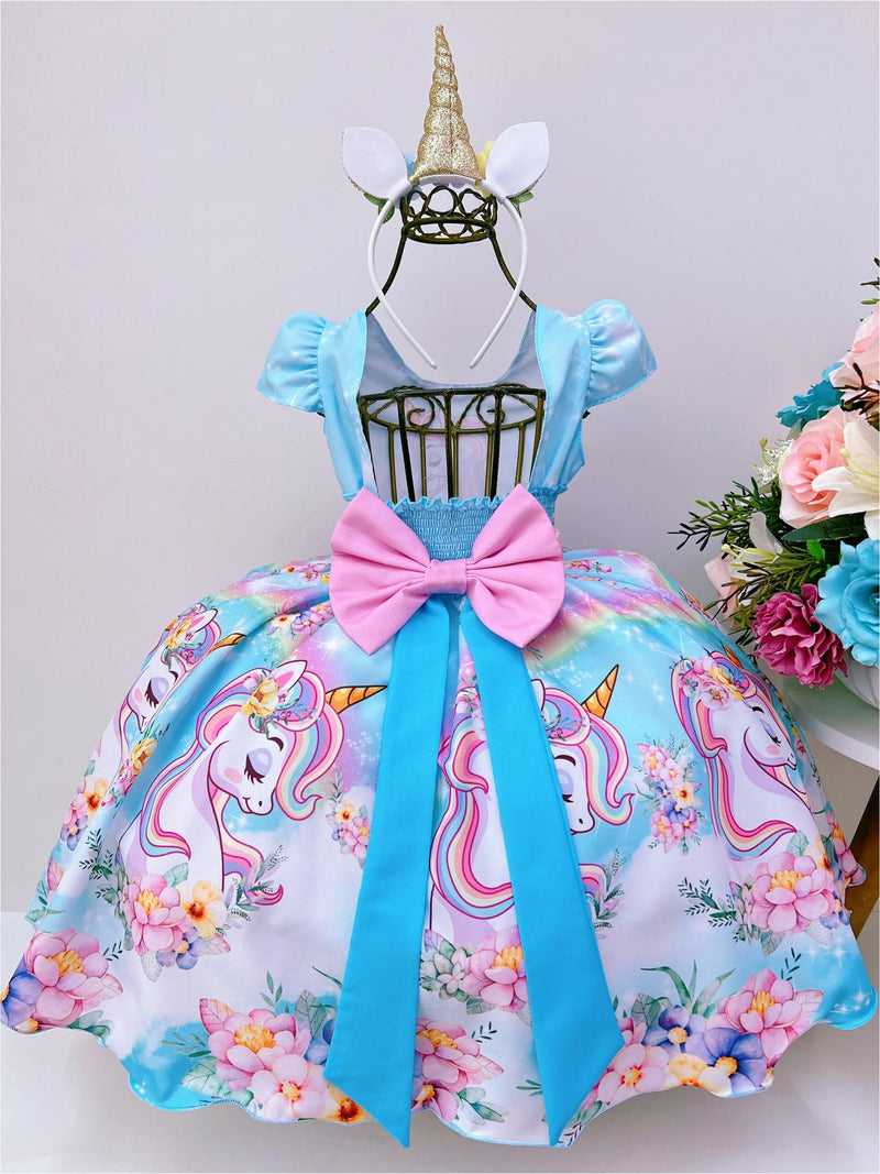 Vestido Infantil Unicórnio Arco Iris Cinto de Pérolas Luxo