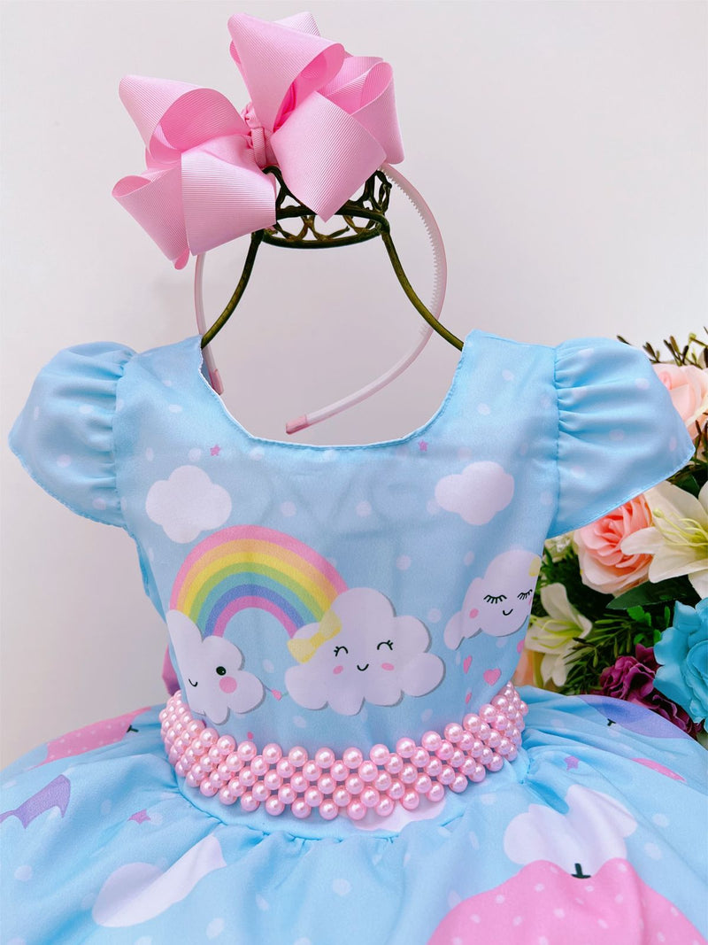 Vestido Infantil Azul Chuva de Amor Benção Nuvem C/ Pérolas