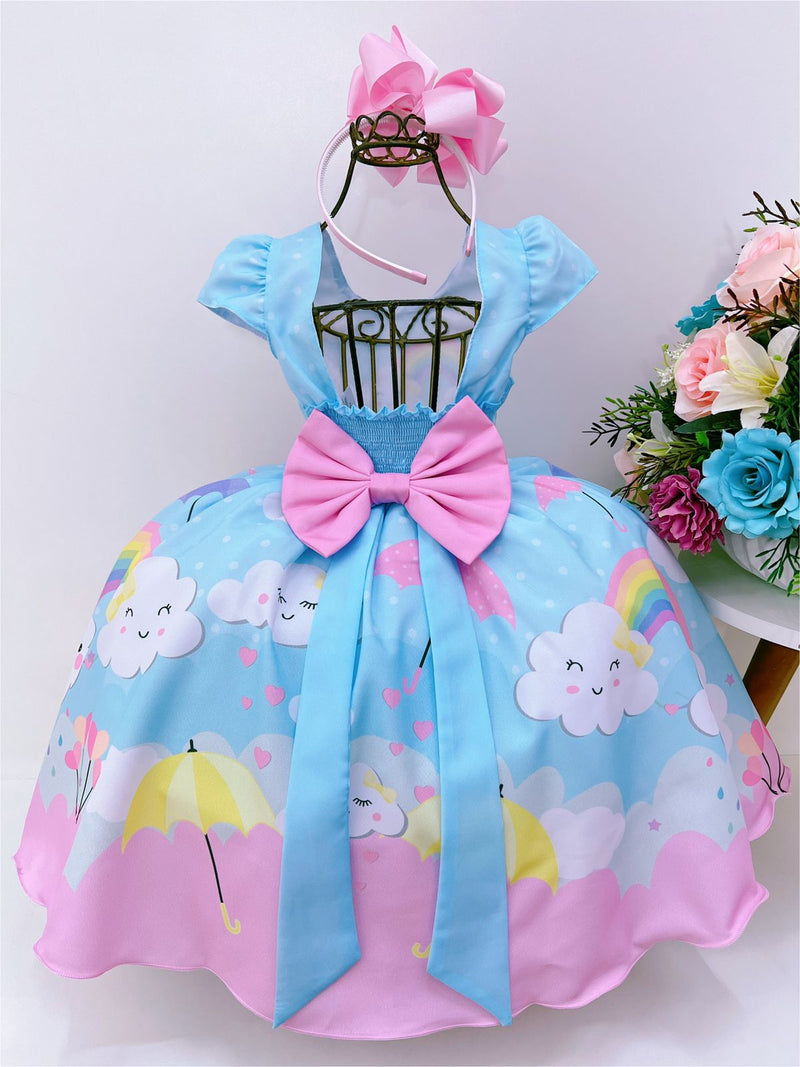 Vestido Infantil Azul Chuva de Amor Benção Nuvem C/ Pérolas