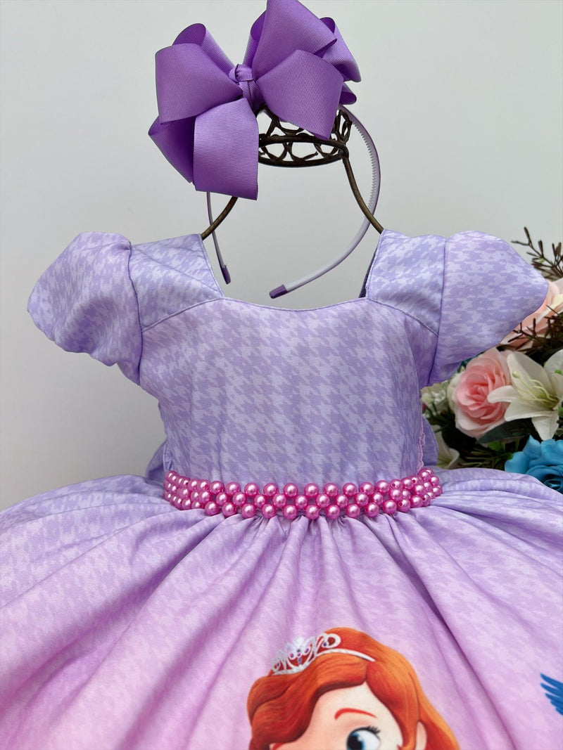 Vestido Infantil Princesa Sofia Lilás C/ Cinto de Pérolas