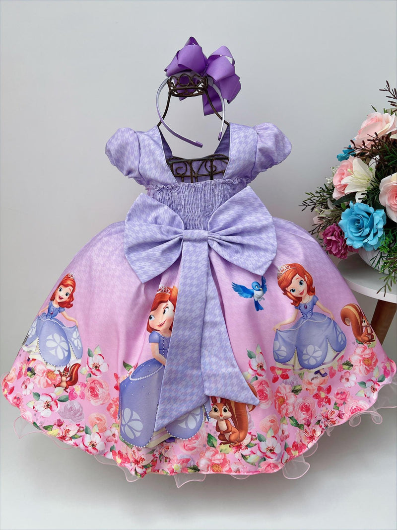 Vestido Infantil Princesa Sofia Lilás C/ Cinto de Pérolas