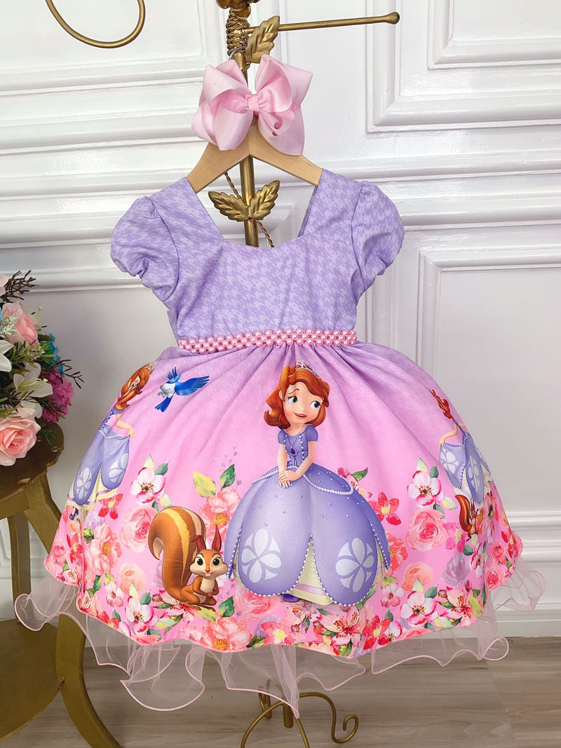 Vestido Infantil Princesa Sofia Lilás C/ Cinto de Pérolas