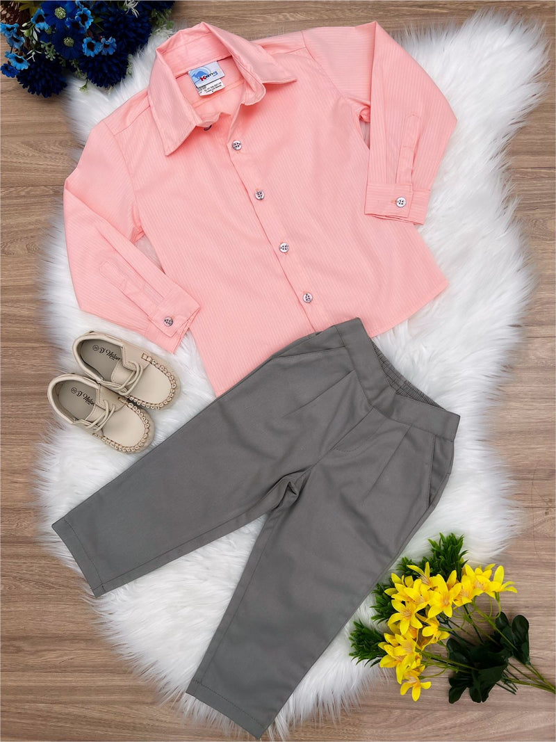 Conjunto Social Camisa Salmão e Calça Sarja Caqui (3416SS)