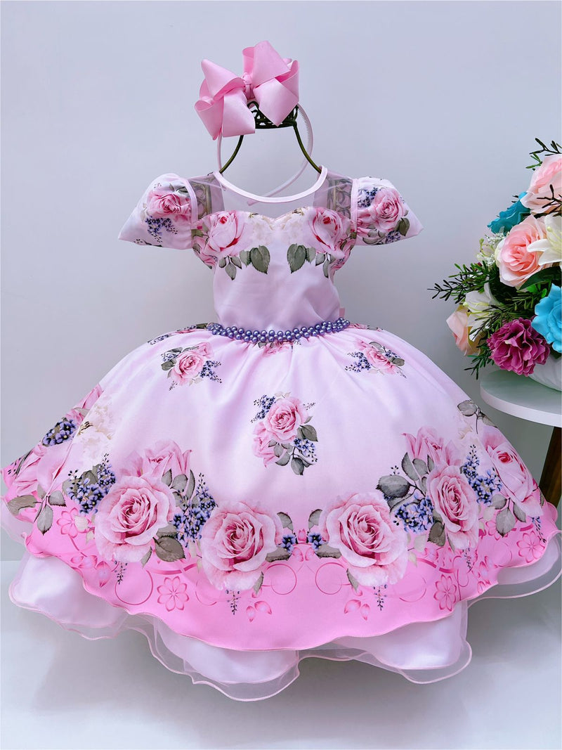 Vestido Infantil Rosa Florido Com Cinto de Pérolas Luxo (7093RF)