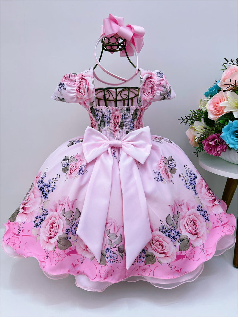 Vestido Infantil Rosa Florido Com Cinto de Pérolas Luxo (7093RF)