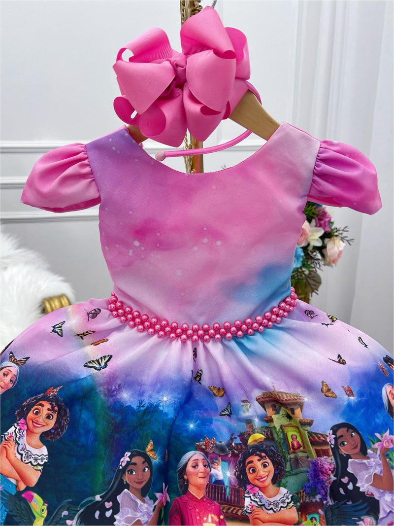 Vestido Infantil Encanto Rosa Chiclete Cinto Pérolas Mirabel