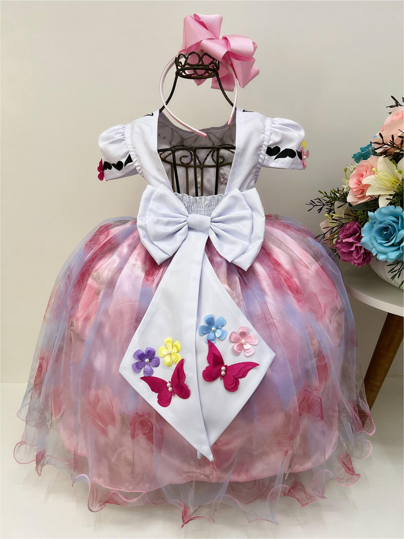 Vestido Infantil Encanto Aplique Flores Borboletas Floral Jardim Rosa