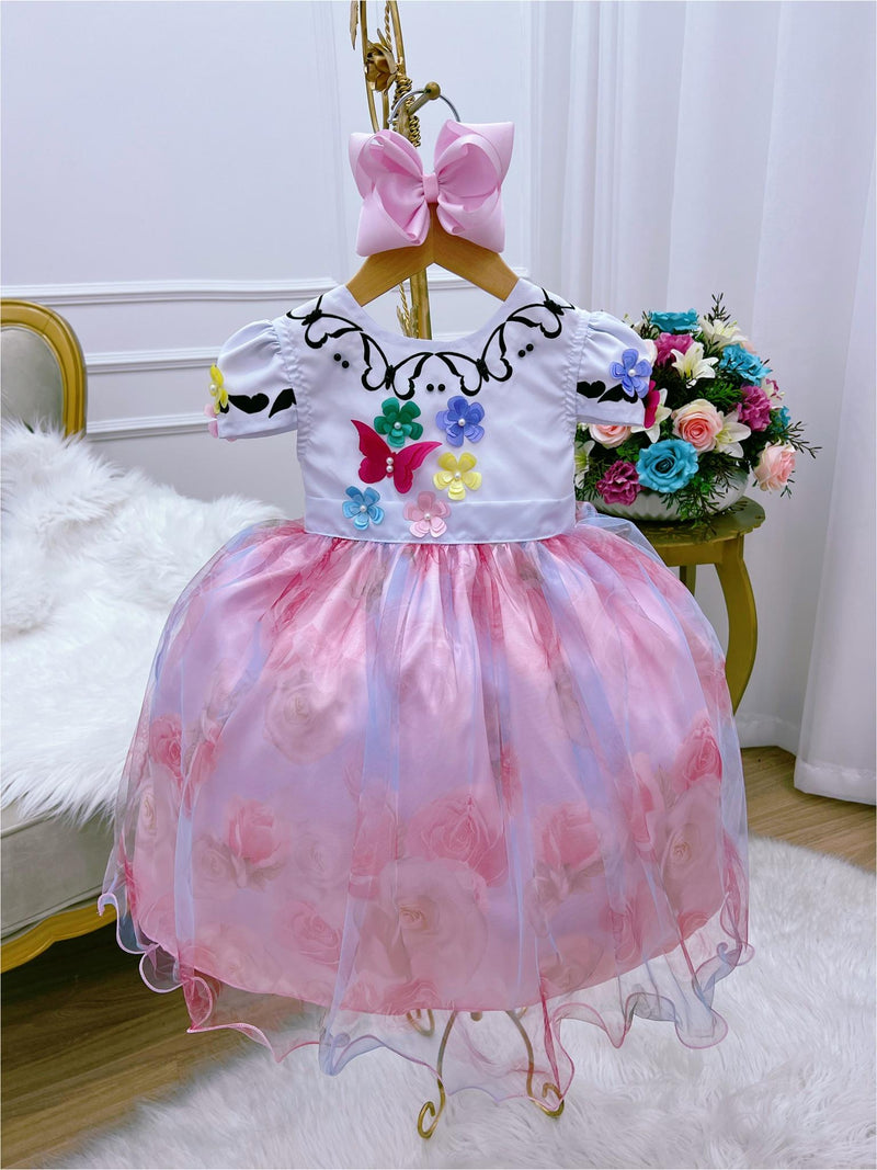 Vestido Infantil Encanto Aplique Flores Borboletas Floral Jardim Rosa