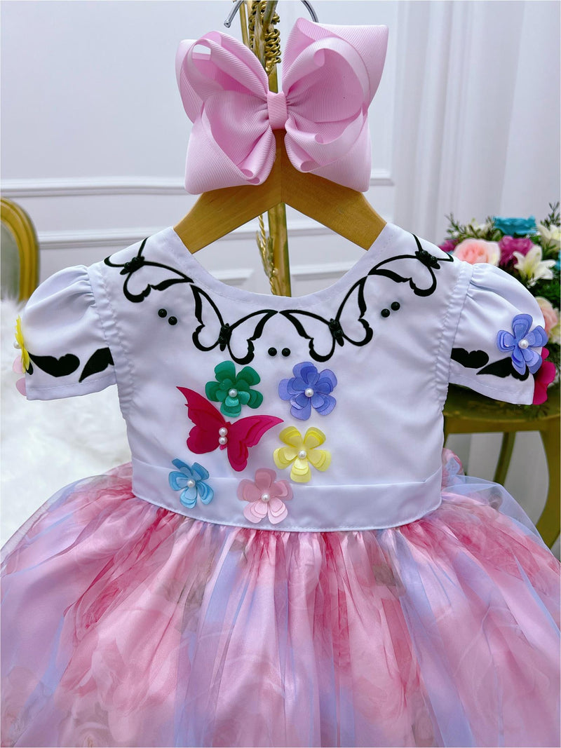 Vestido Infantil Encanto Aplique Flores Borboletas Floral Jardim Rosa