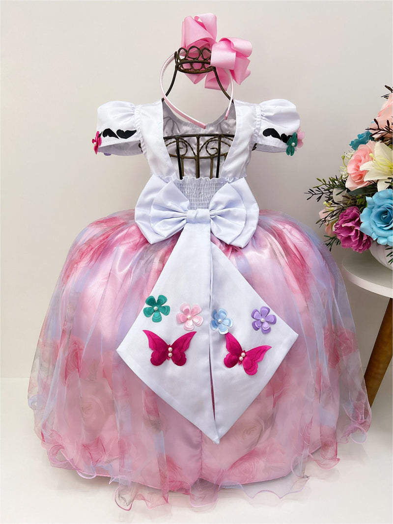 Vestido Infantil Encanto Aplique Flores Borboletas Floral Jardim Rosa