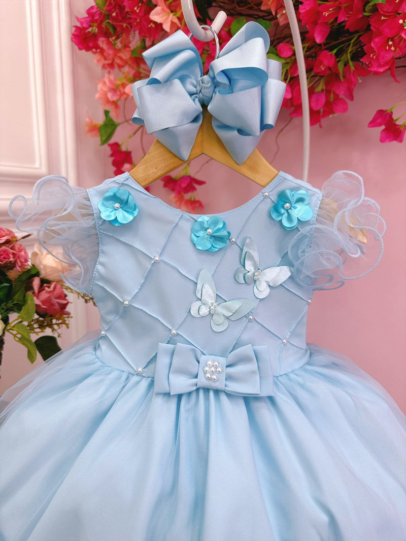 Vestido Infantil Azul Peito Nervura Aplique de Flores