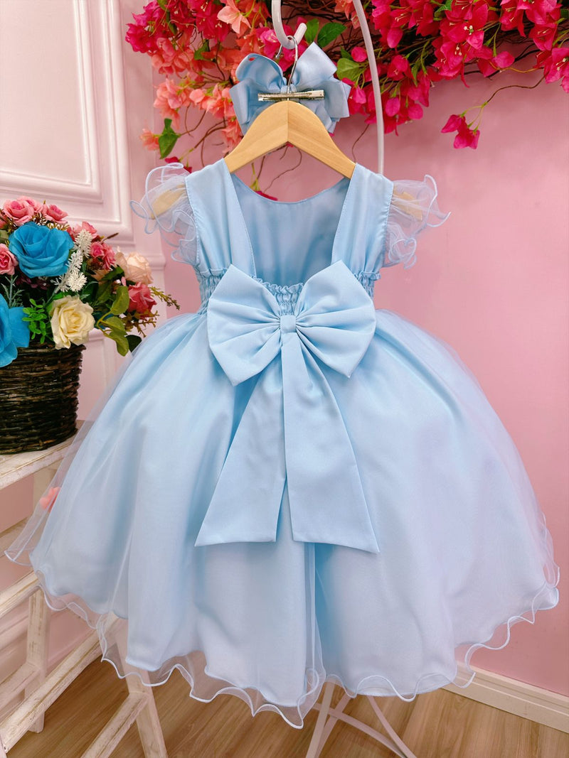 Vestido Infantil Azul Peito Nervura Aplique de Flores