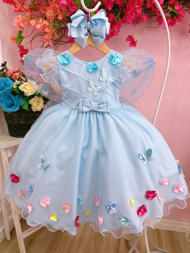 Vestido Infantil Azul Peito Nervura Aplique de Flores