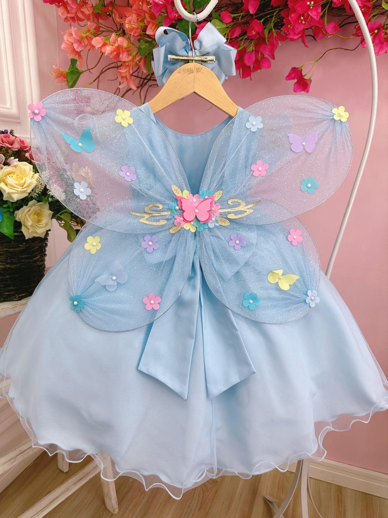 Vestido Infantil Azul Peito Nervura Aplique de Flores