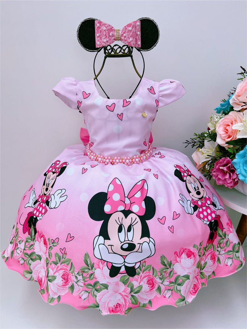 Vestido Infantil Rosa Minnie C/ Laço Pérolas Luxo (3102MI)