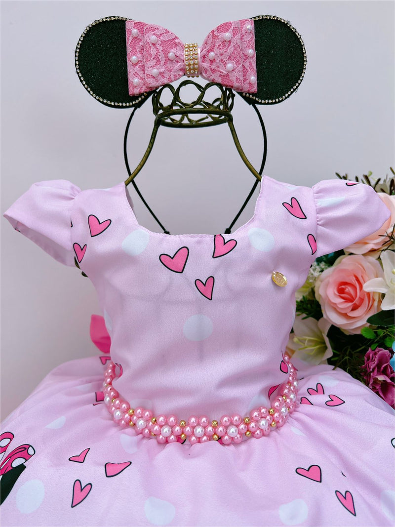 Vestido Infantil Rosa Minnie C/ Laço Pérolas Luxo (3102MI)