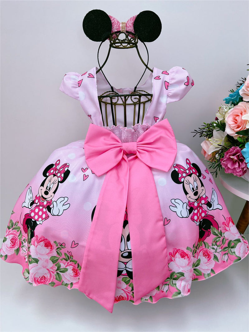 Vestido Infantil Rosa Minnie C/ Laço Pérolas Luxo (3102MI)