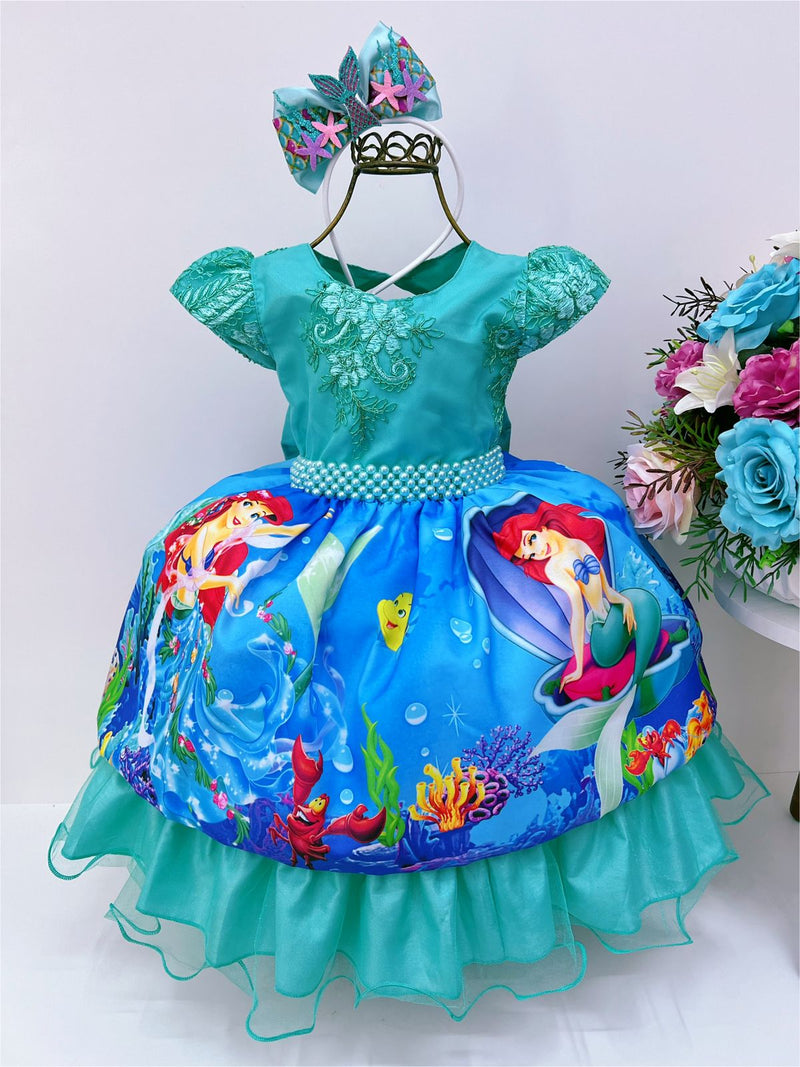 Vestido Infantil Princesa Ariel Verde Renda C/ Cinto Pérolas