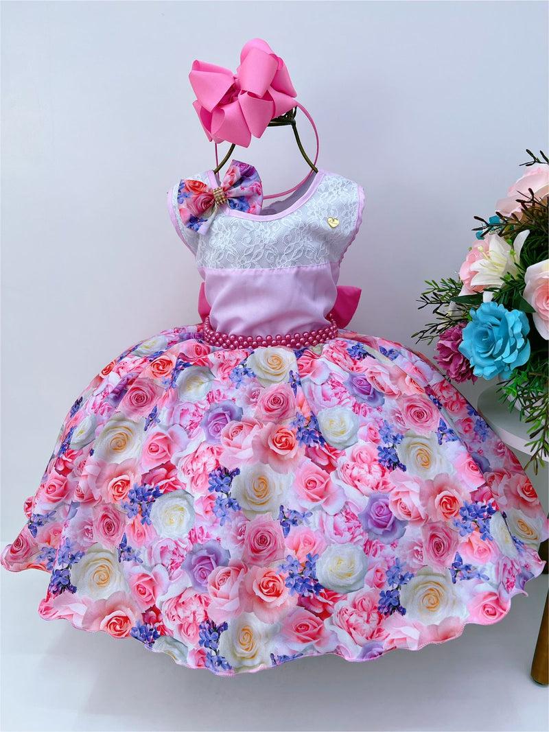 Vestido Infantil Rosa Florido C/ Laço e Cinto Pérolas Luxo