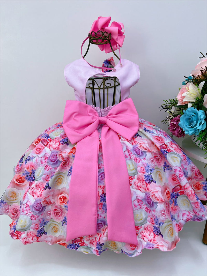 Vestido Infantil Rosa Florido C/ Laço e Cinto Pérolas Luxo